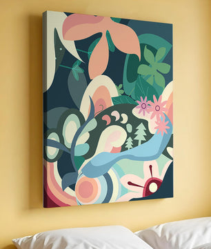 Abstract botanical artwork with vibrant colors and natural elements