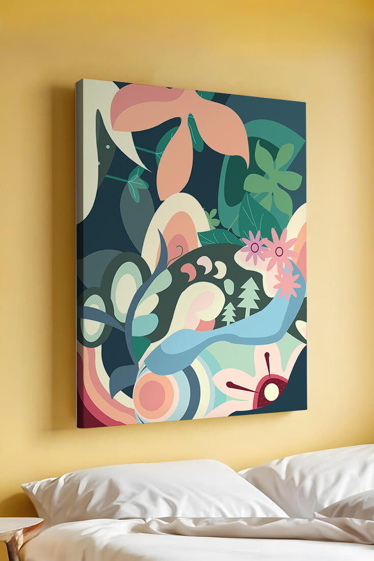 Abstract botanical artwork with vibrant colors and natural elements