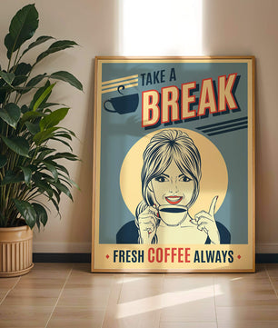 Retro Coffee Break Poster with Woman Holding a Cup - Mi tienda