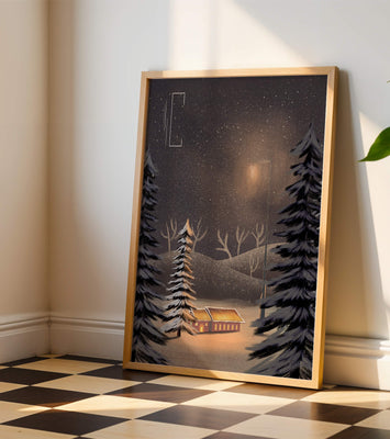 Snowy night scene with cabin and trees