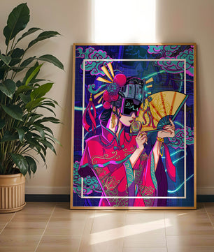 Geisha con traje futurista, elementos de neón y abanico