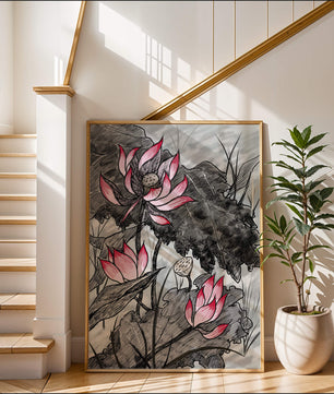 Illustration complexe de fleurs de lotus roses avec des feuilles