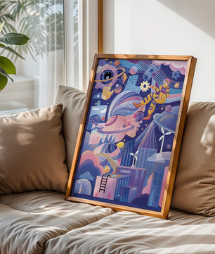 Farbenfrohe futuristische Weltraumillustration mit Astronauten und abstrakten Elementen
