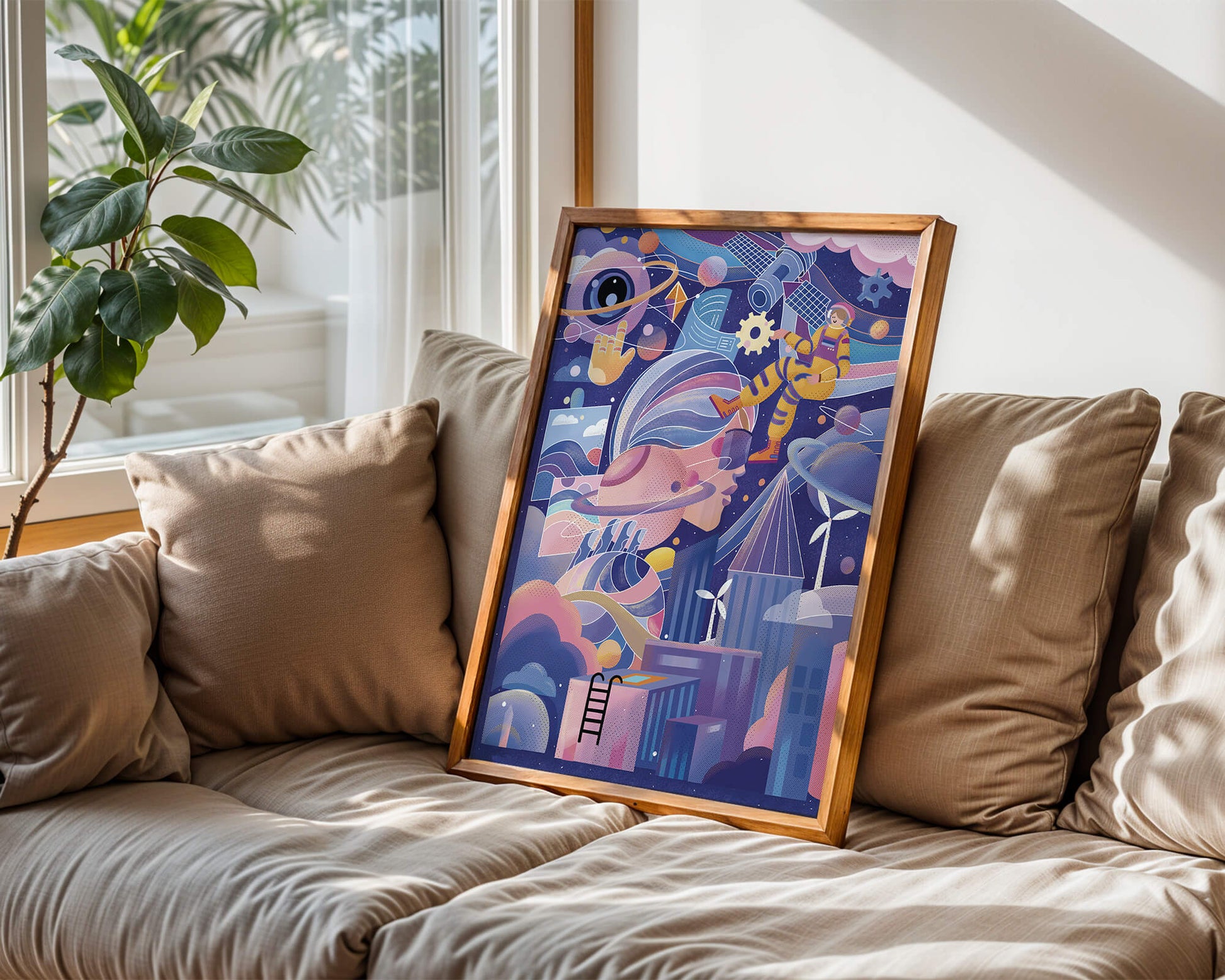 Farbenfrohe futuristische Weltraumillustration mit Astronauten und abstrakten Elementen