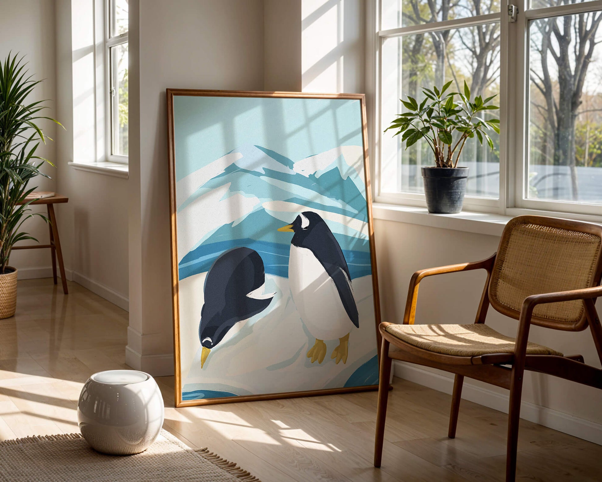 Gentoo penguins in an Antarctic landscape illustration
