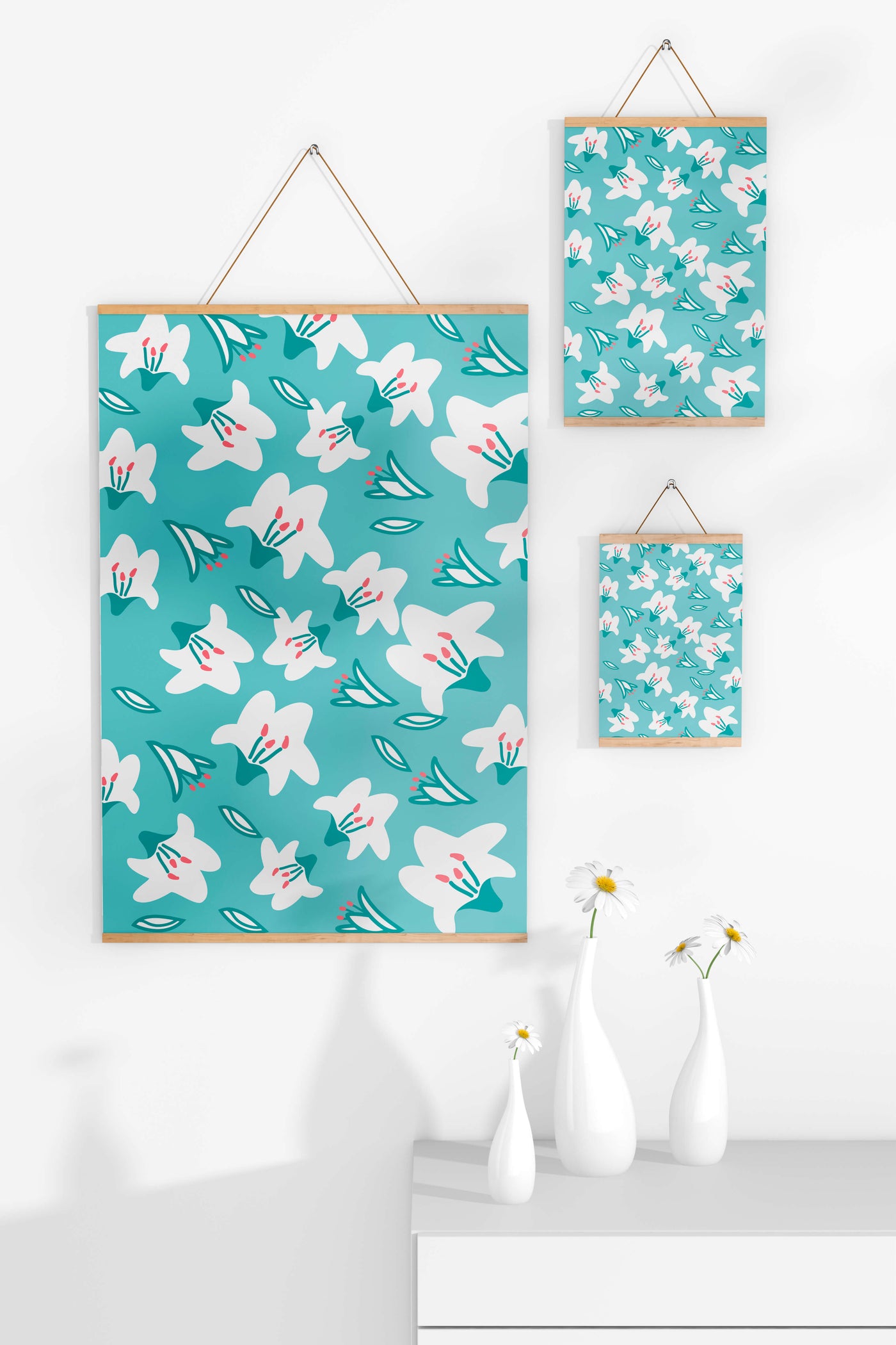 Floral pattern with white lilies on a turquoise background