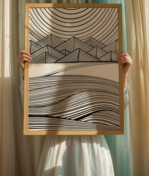 Abstract Black and White Geometric Landscape with Line Art