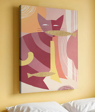 Abstract cat artwork with gold accents and colorful patterns
