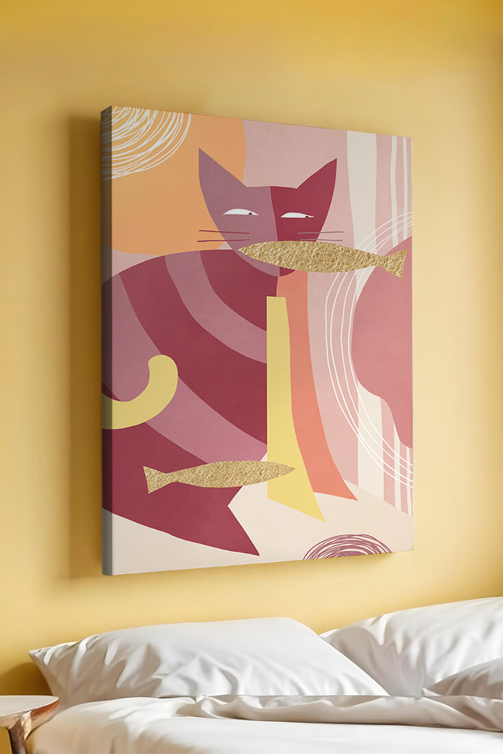 Abstract cat artwork with gold accents and colorful patterns