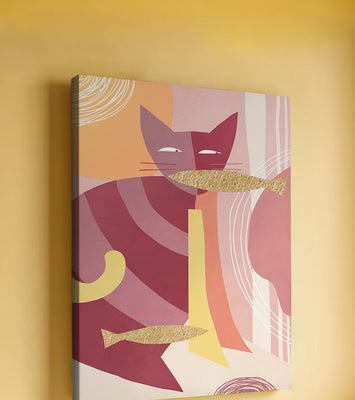 Abstract cat artwork with gold accents and colorful patterns