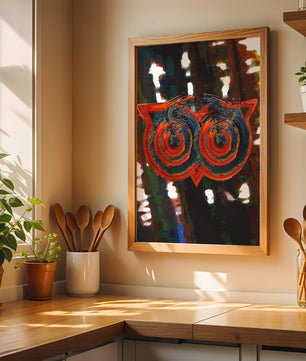 Abstract artwork featuring colorful geometric owl design