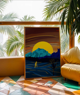 Paisaje surrealista con una puesta de sol vibrante y silueta