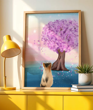 Serene scene with cat and blossoming cherry tree at sunrise