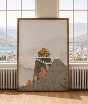 Serene landscape with traditional pagoda and autumn trees