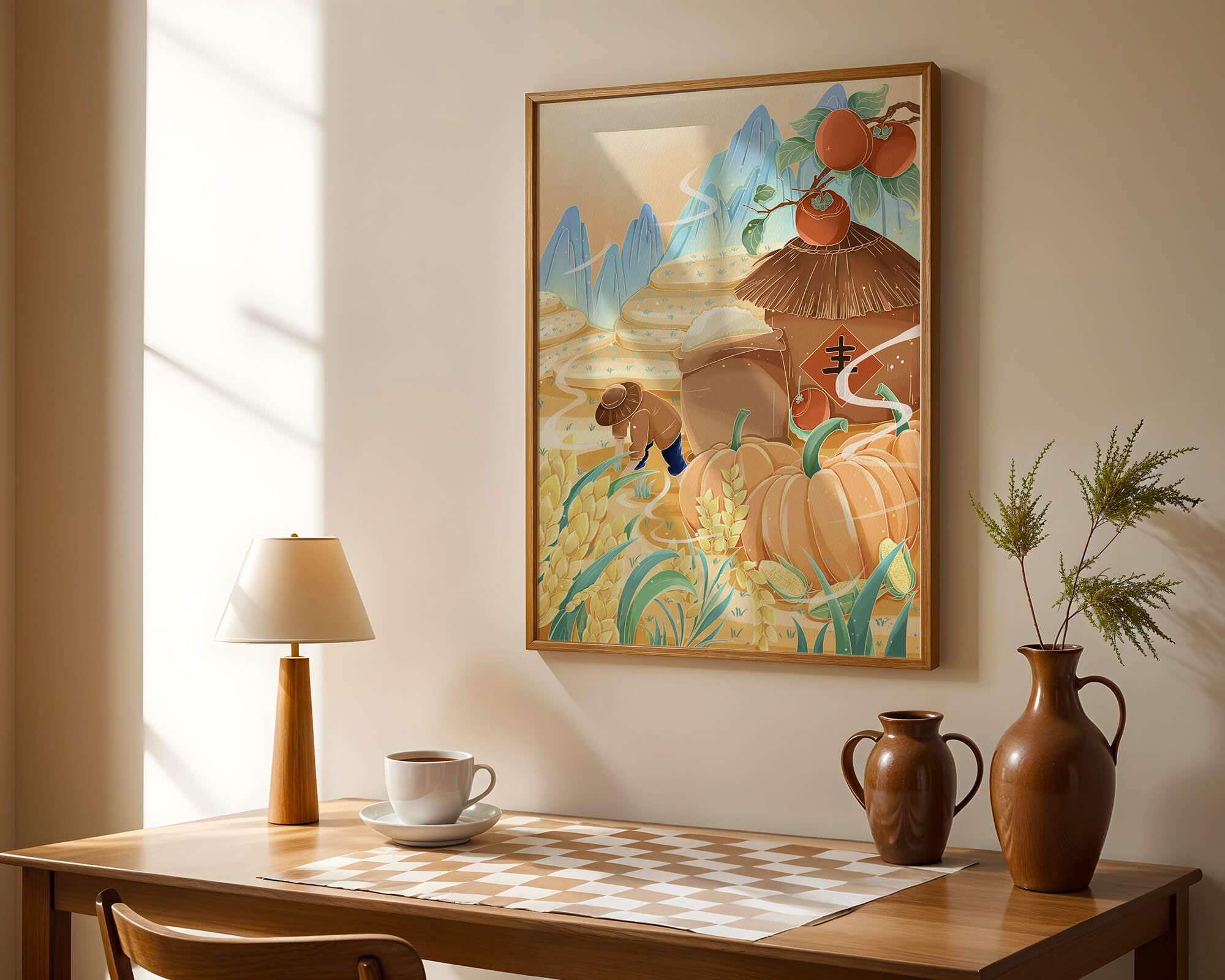 Pastoral landscape with pumpkins and farmer in rice fields