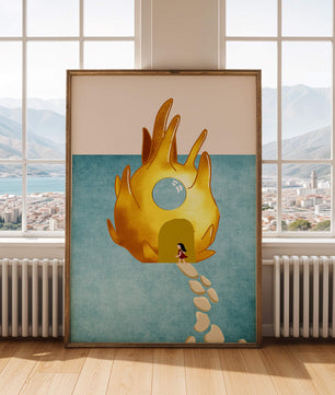 Casa encantada con forma de llama dorada sobre fondo azul claro.