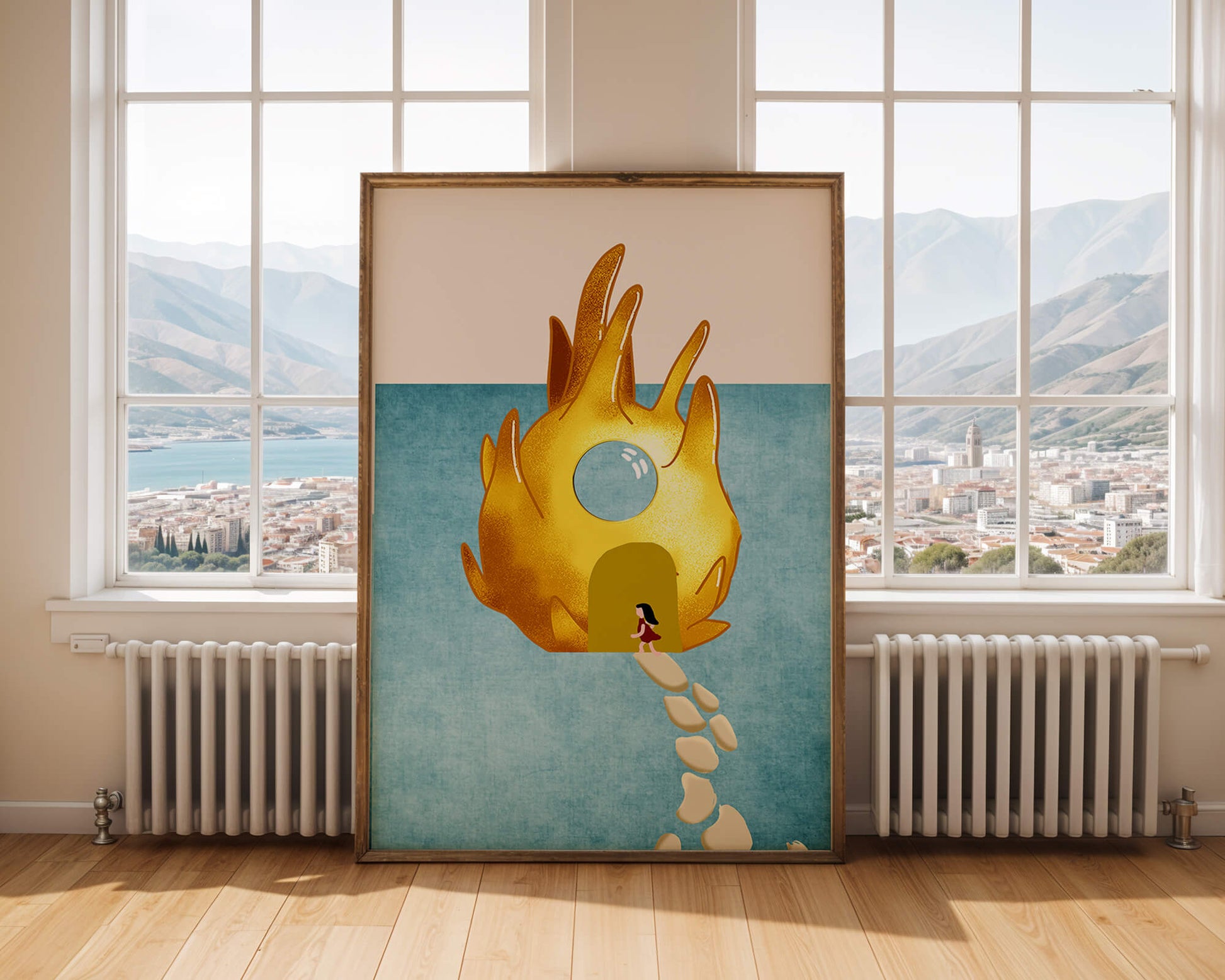 Enchanted House With Golden Flame Shape On Light Blue Background
