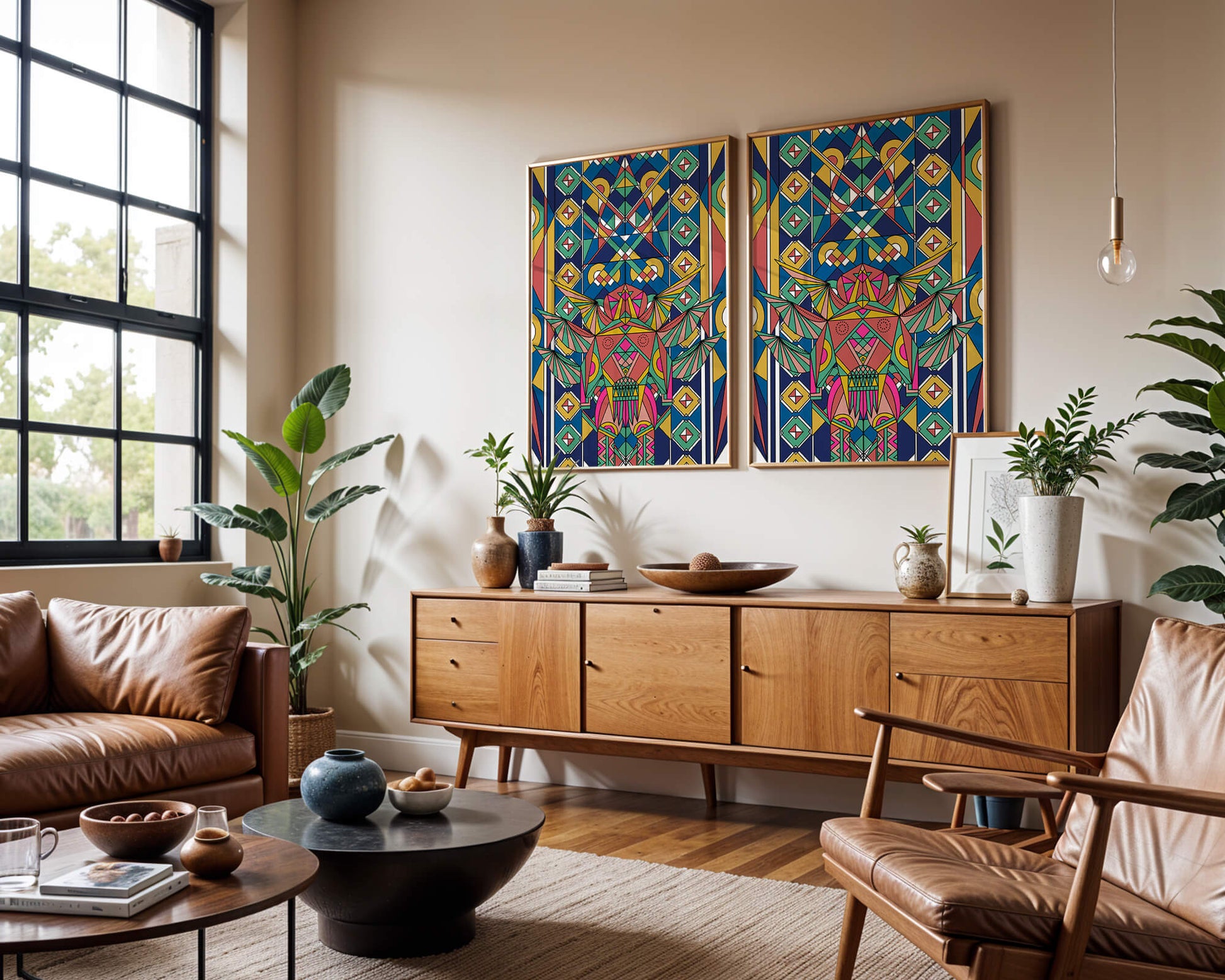 Obra de arte abstracta geométrica colorida con patrones simétricos