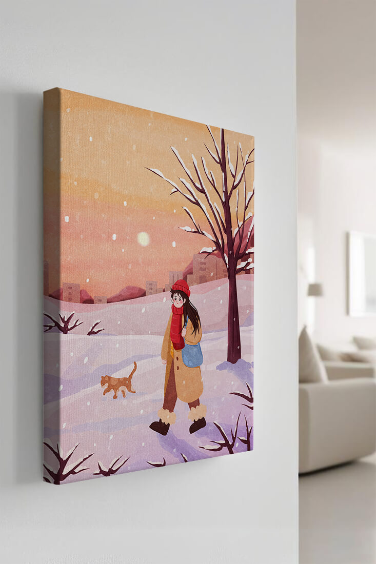 Winter sunset walk with a girl and dog in snowy landscape