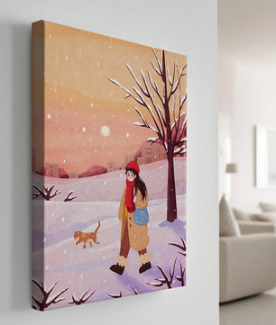 Winter sunset walk with a girl and dog in snowy landscape