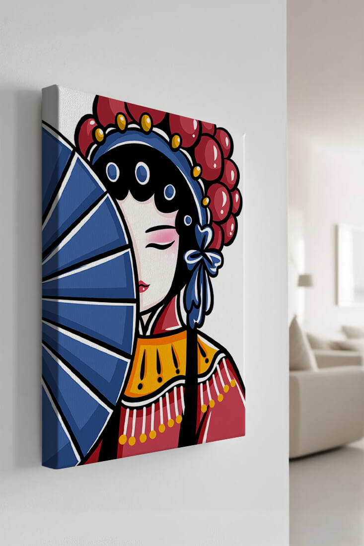 Traditional Asian opera character with fan and decorative headpiece