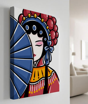 Traditional Asian opera character with fan and decorative headpiece
