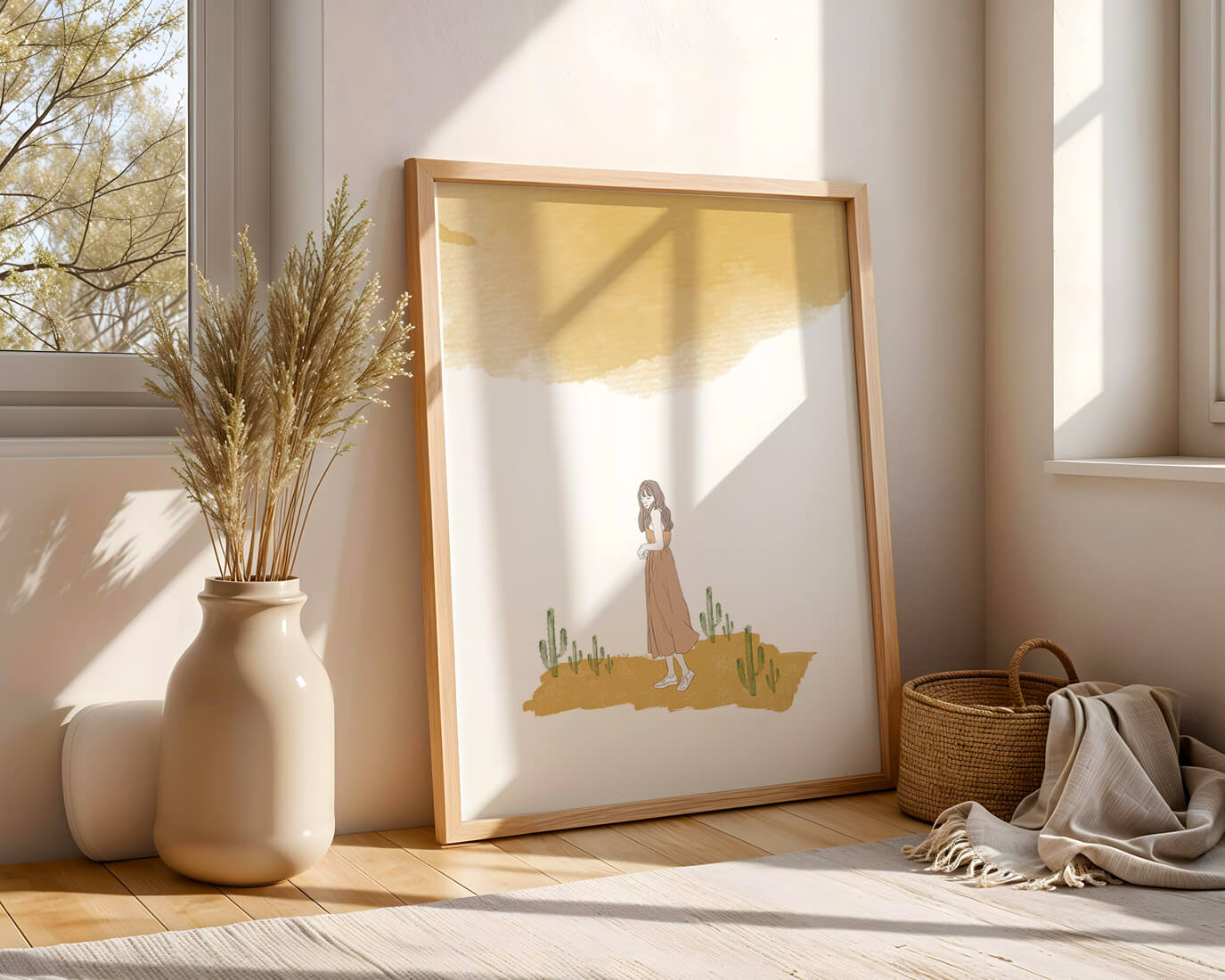 Fille en robe rose debout parmi des cactus sous un ciel aquarelle
