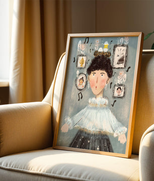 Retrato ilustrado caprichoso con elementos musicales y dorados
