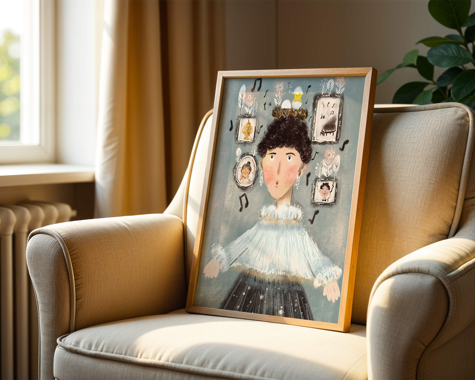 Whimsical illustrated portrait with musical and golden elements