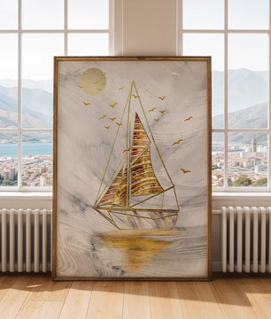 Elegant sailboat with gold elements against a textured sky