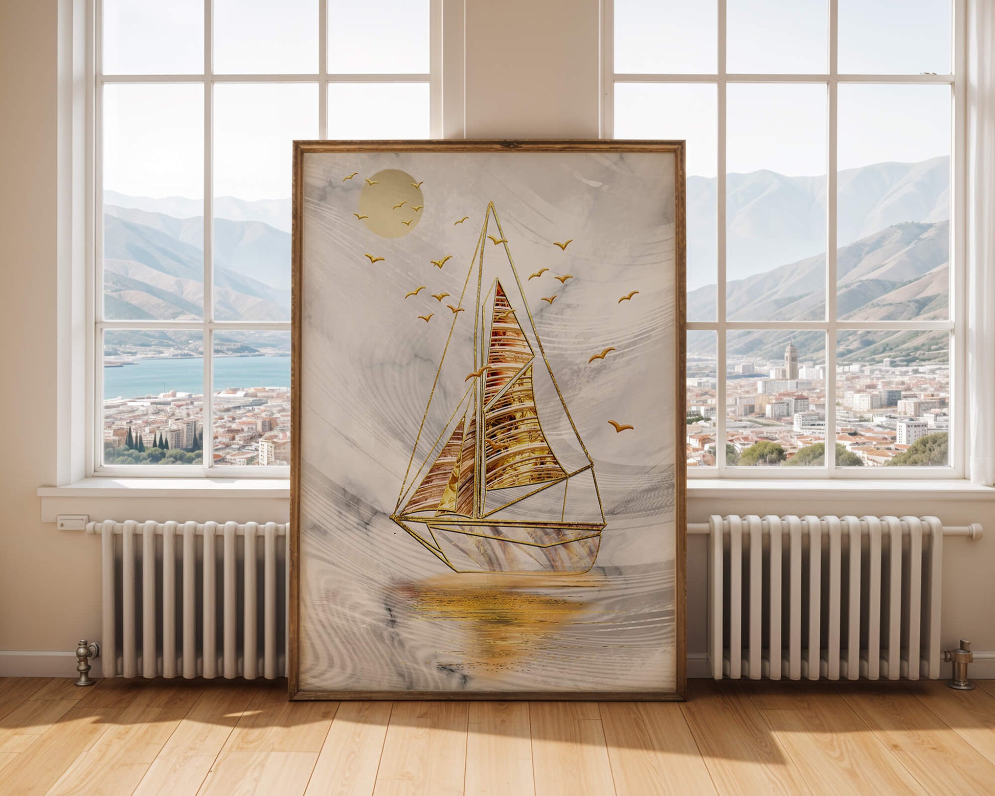 Elegant sailboat with gold elements against a textured sky