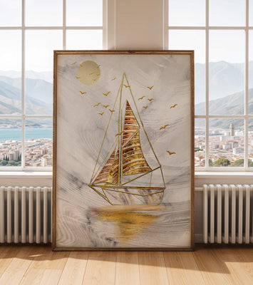 Elegant sailboat with gold elements against a textured sky