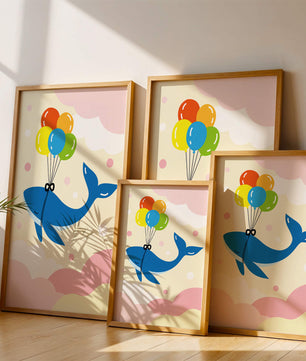 Skurriler Wal, der mit bunten Luftballons fliegt