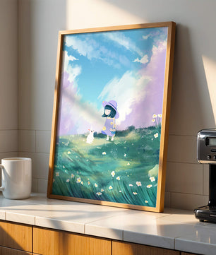 A Little Girl in a Purple Dress and Hat with a White Rabbit in a Flower Field Under a Blue Sky