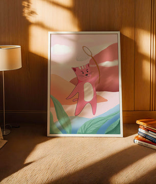 Pink Cat Holding Net in Whimsical Landscape
