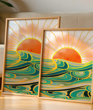 Sunrise over stylized ocean waves with gold accents