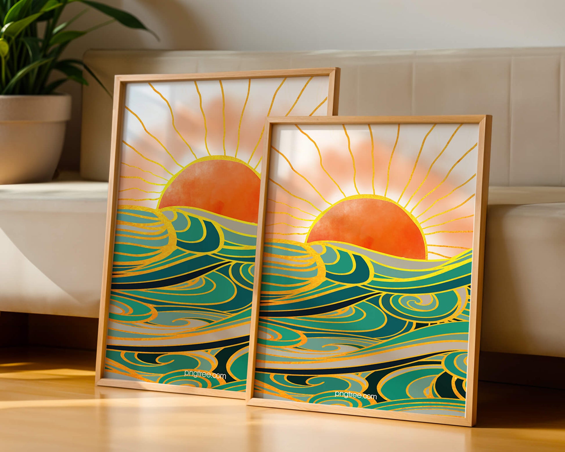 Sunrise over stylized ocean waves with gold accents