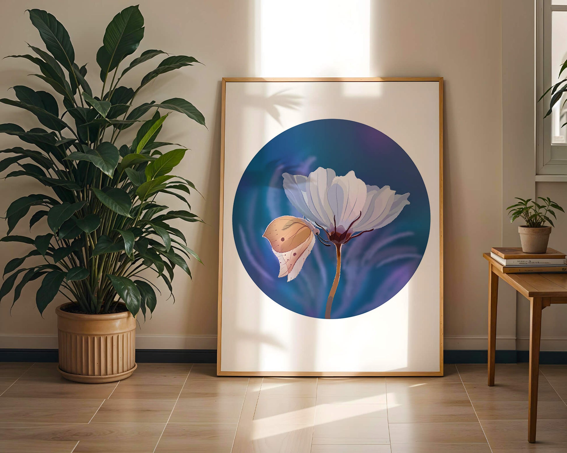 Delicate butterfly resting on a white flower in a serene blue background