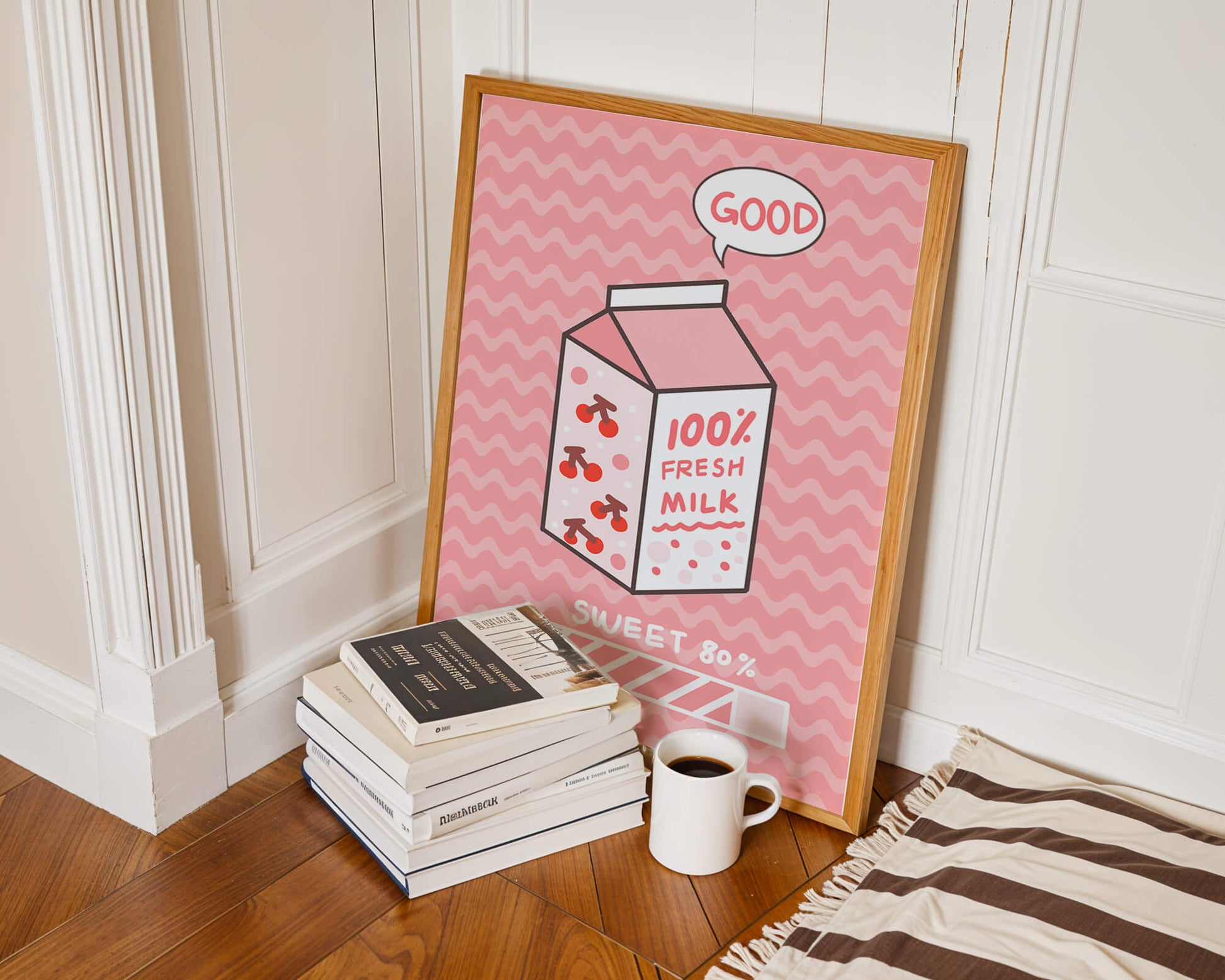 Playful illustration of milk carton with cherry design on pink background