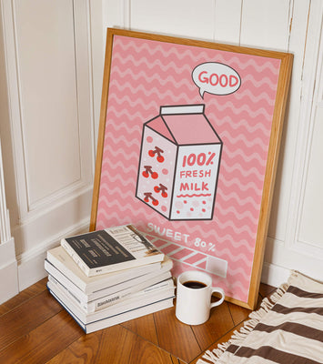 Playful illustration of milk carton with cherry design on pink background