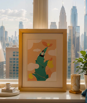 Man Climbing Giant Beanstalk Reaching to Sun in Minimalist Style - Mi tienda