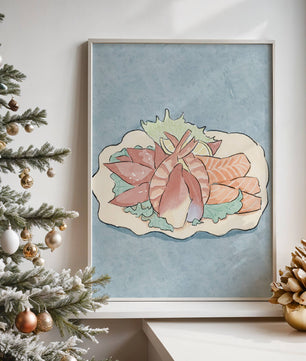 Illustration of seafood platter with shrimp and salmon on a decorative plate