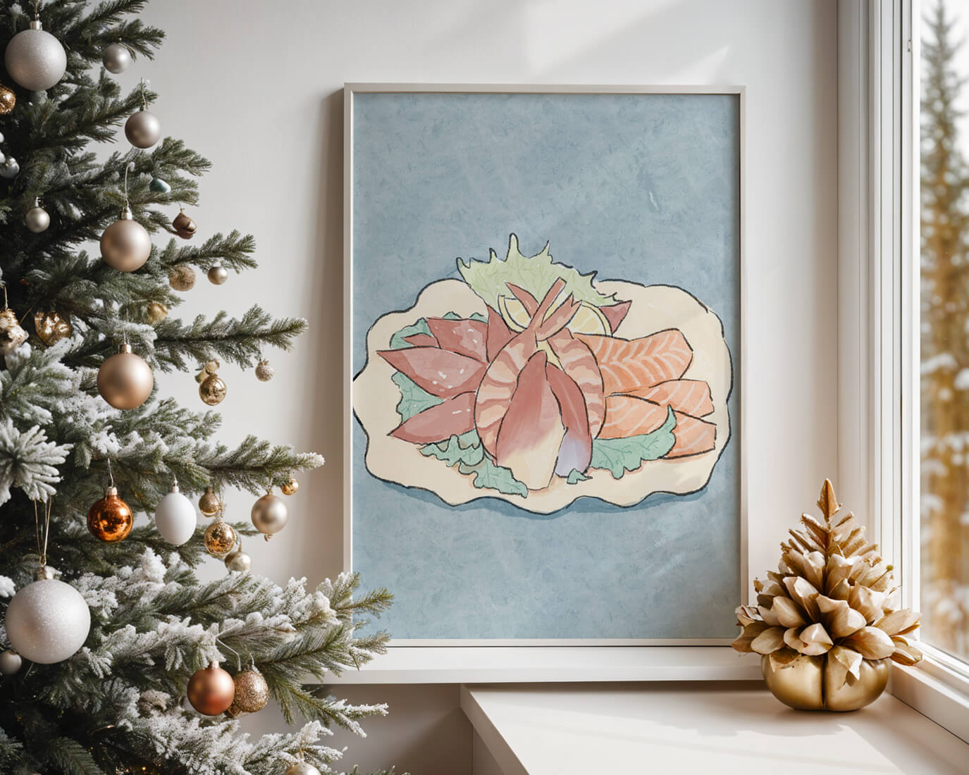 Illustration of seafood platter with shrimp and salmon on a decorative plate