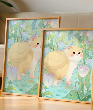 Charmante illustration d’un chat dans un jardin luxuriant de tulipes