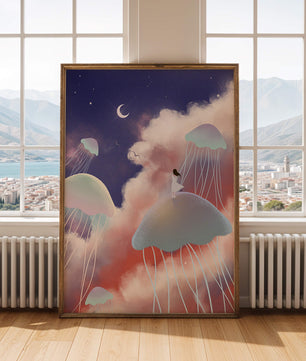 Dreamy Scene with Floating Jellyfish and Moonlit Sky