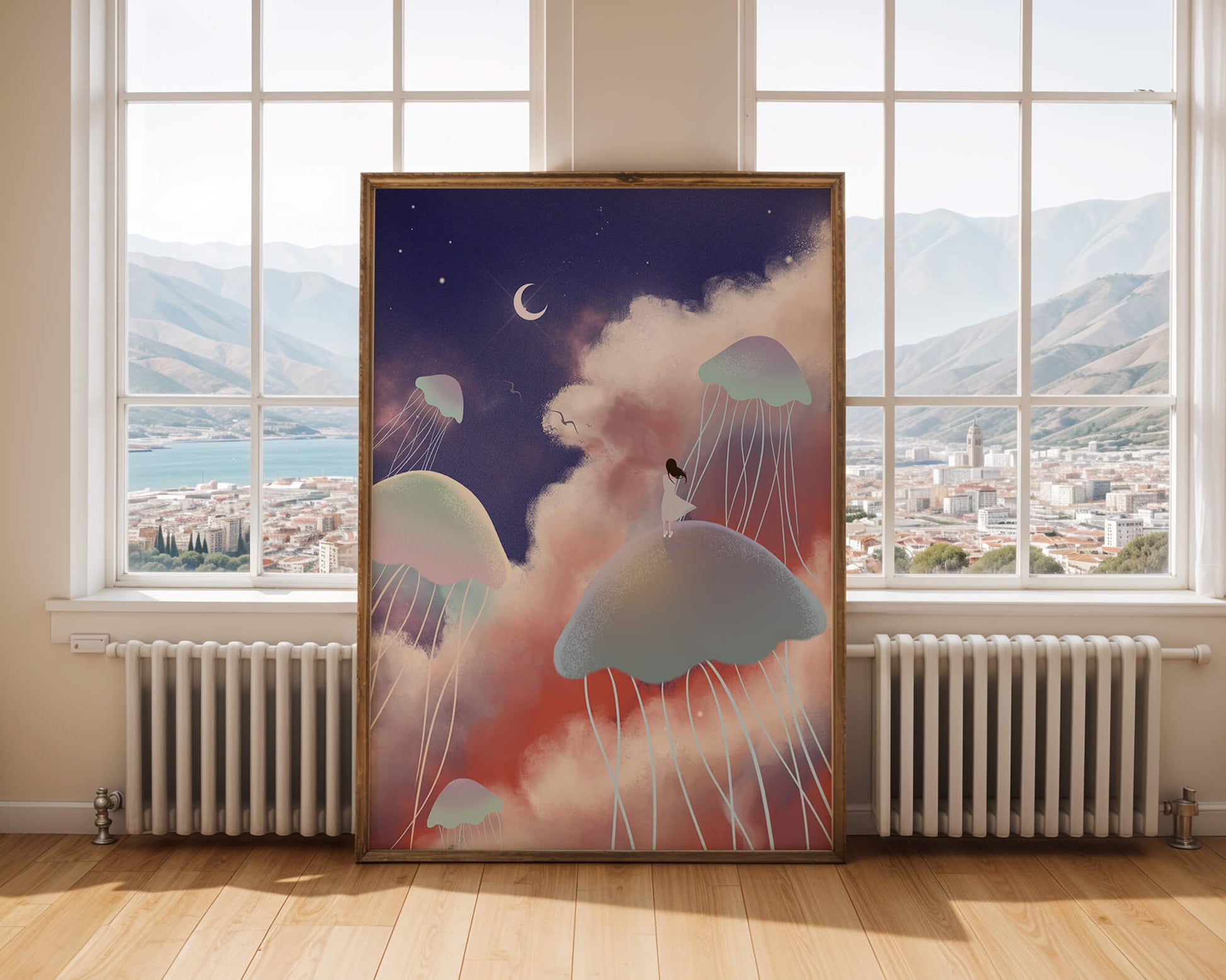 Dreamy Scene with Floating Jellyfish and Moonlit Sky