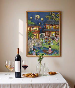 Traditional Chinese Garden Scene with Lanterns and Moon Rabbit