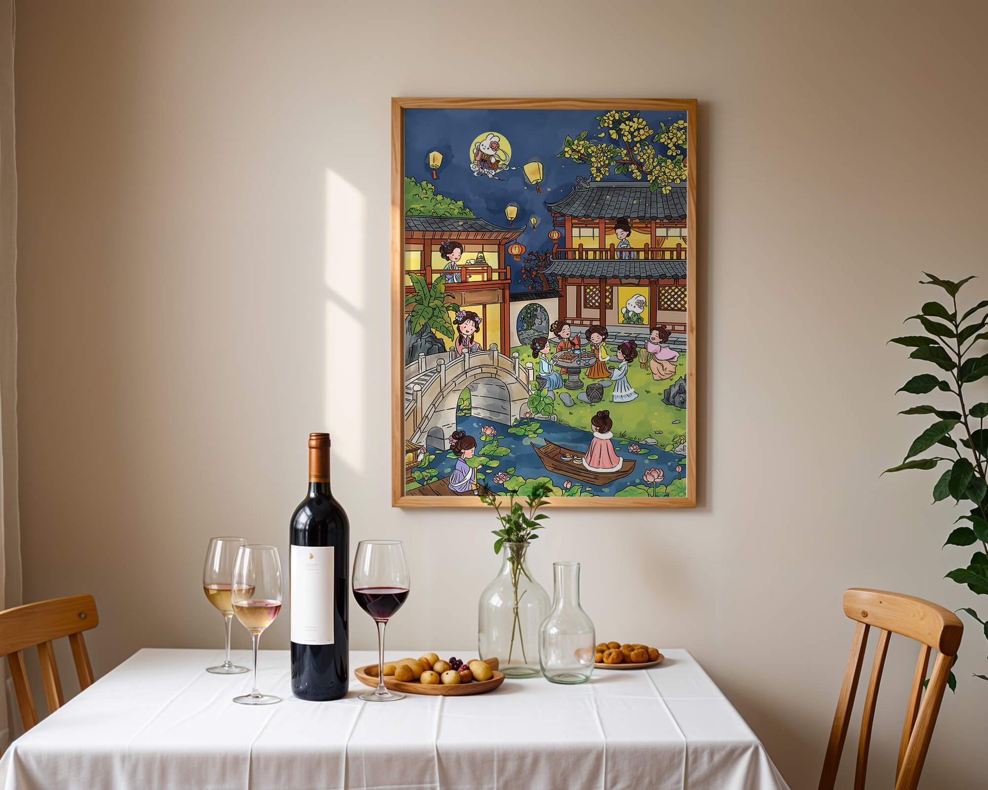 Escena de jardín chino tradicional con linternas y conejo lunar