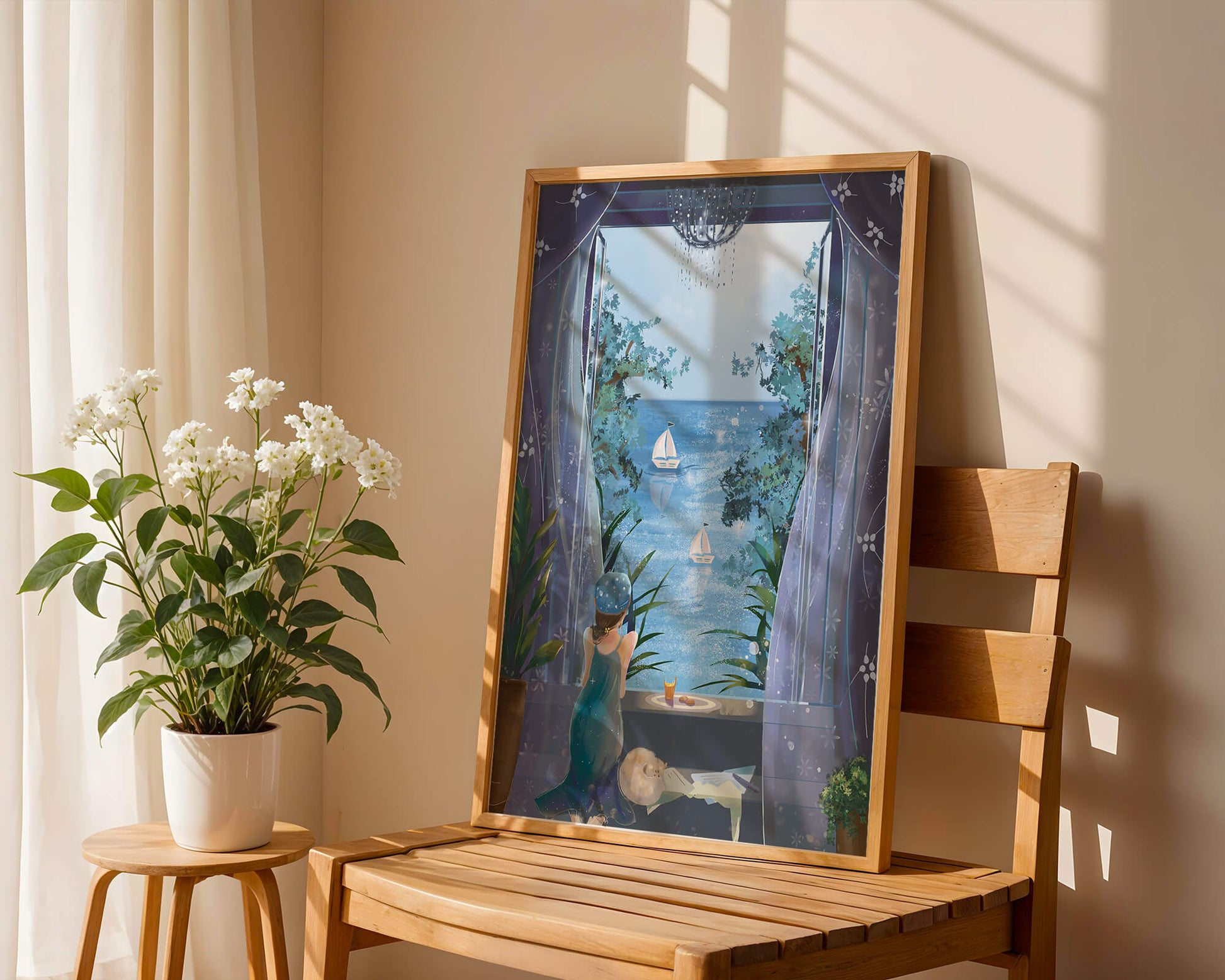 Peaceful Seaside View Through Open Window with Girl and Cat