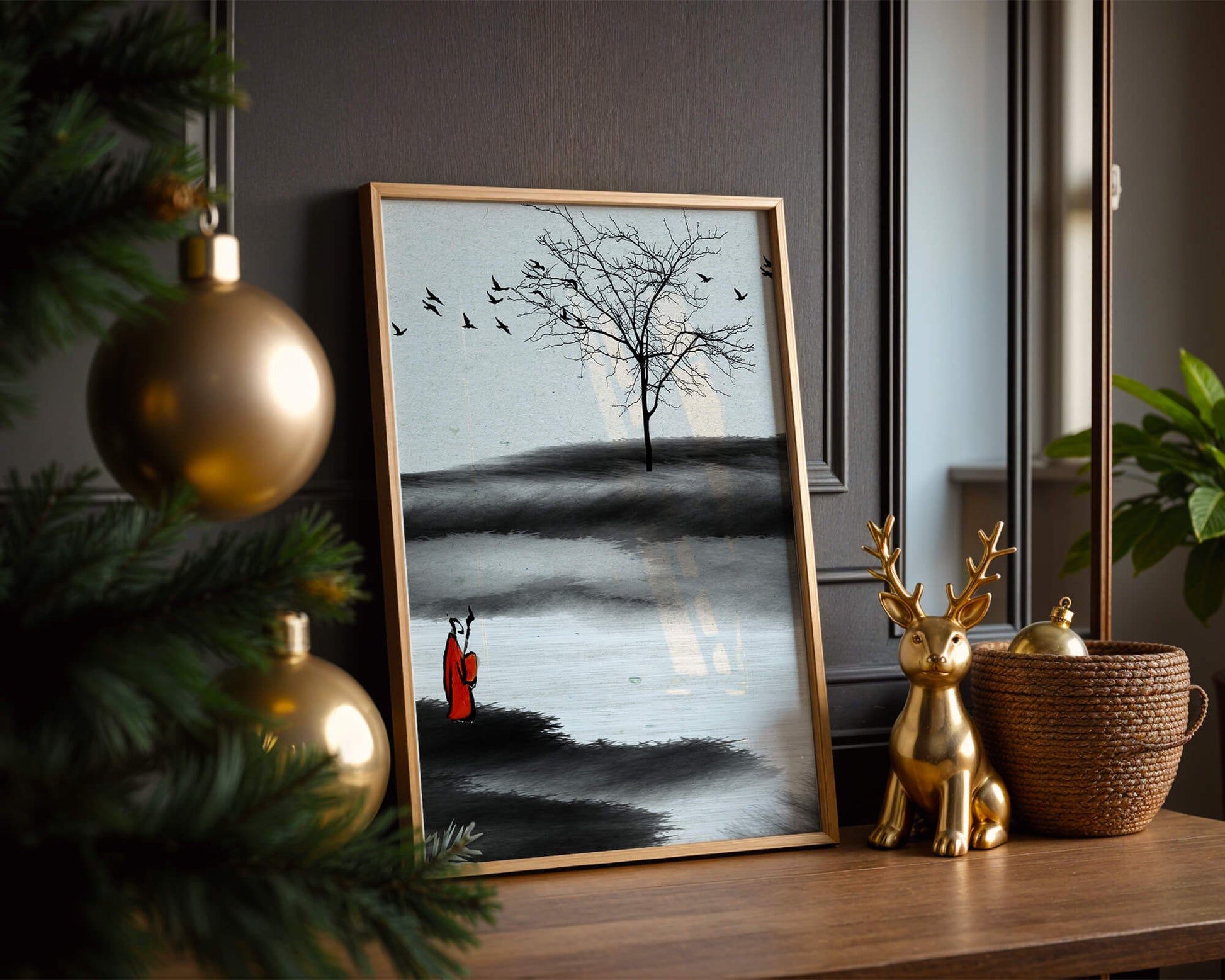 Contemplative Monk with Birds and Bare Tree in Serene Landscape